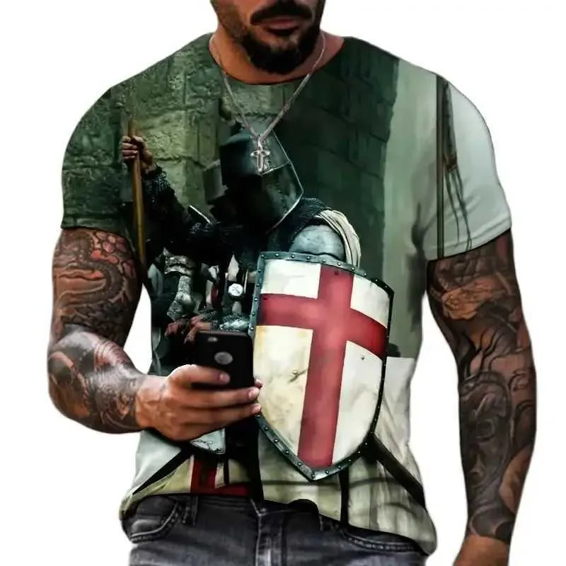 남자 티셔츠 여름 패션 템플러 3D 프린트 남성 티셔츠 Strt 하라주 쿠 크로스 트 셔츠 짧은 슬브 대형 Tshirt 빈티지 탑 T240425