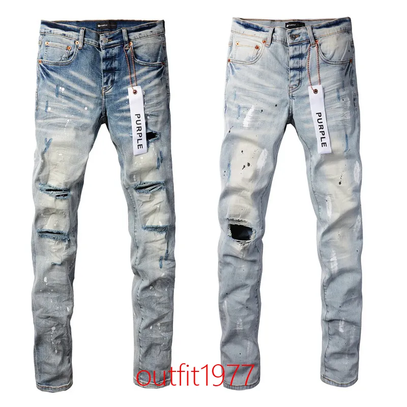 New Fashion 2024 Slim 1: 1 Jeans Brand Purple Brand Jeans High Street Blue Hole usé Wash