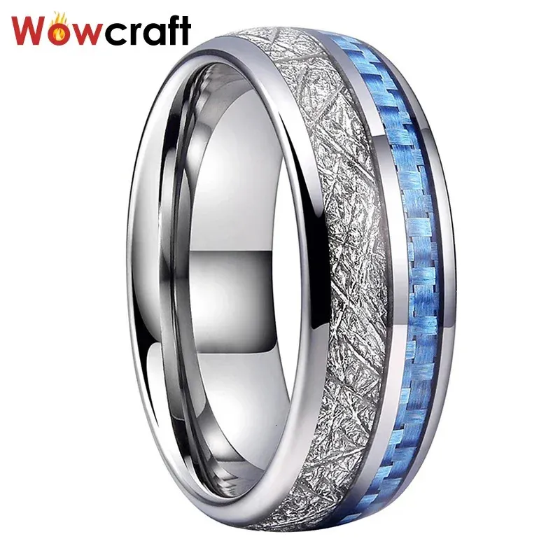 Tungsten Carbide Ring for Men Women Wedding Band Light Blue Carbon Fiber Meteorite Inlay Polished Shiny Comfort Fit 240423