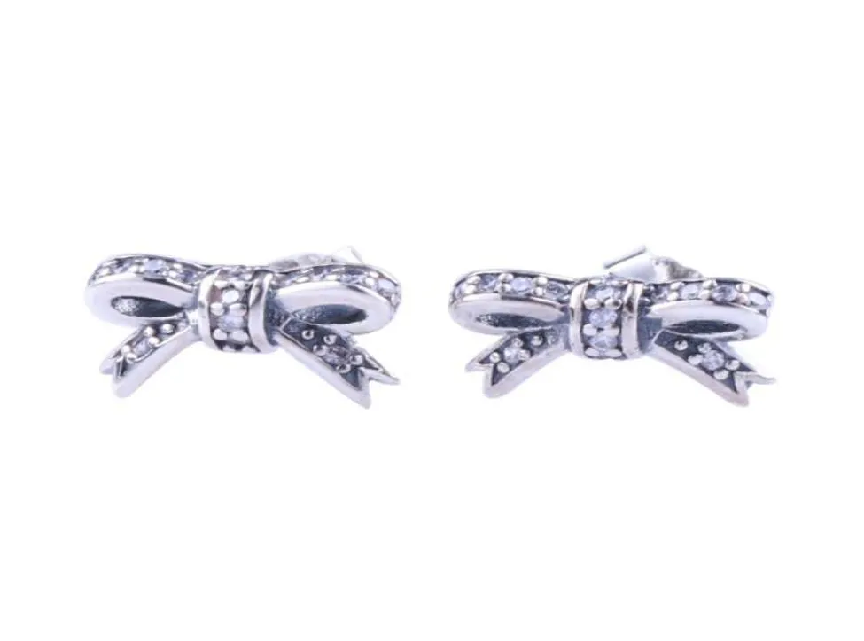 Söta små Bow Stud Earrings Retail Box Set High Quality 925 Sterling Silver Women Girls Cz Diamond Gift Earring1028038