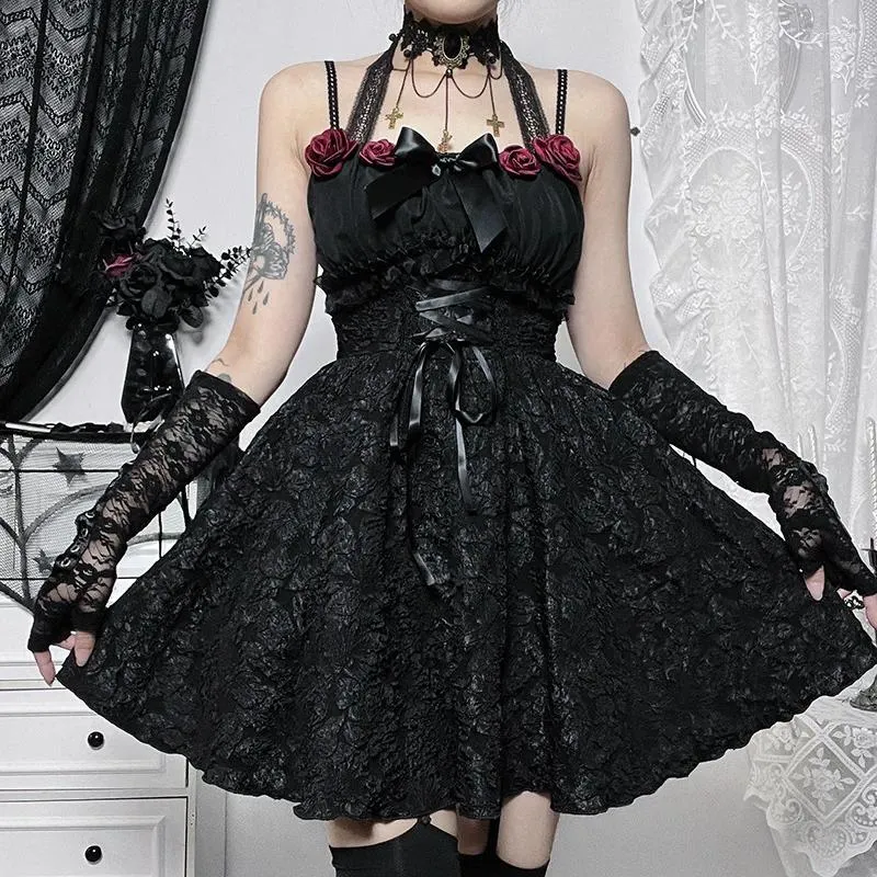 Robes décontractées Halloween Gothic A-Line Mini robe Femme Vintage Tie avant Lace Longte Cocktail Boîte de l'épaule