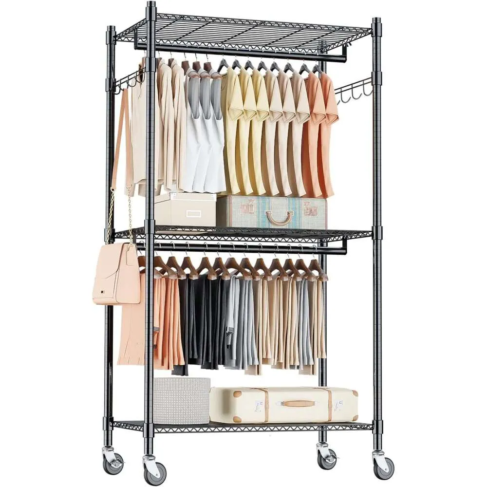Rack de roupas pesadas premium com haste de suspensão retrátil, cabide de metal ajustável para roupas, organizador independente de guarda -roupa com armazenamento de arame