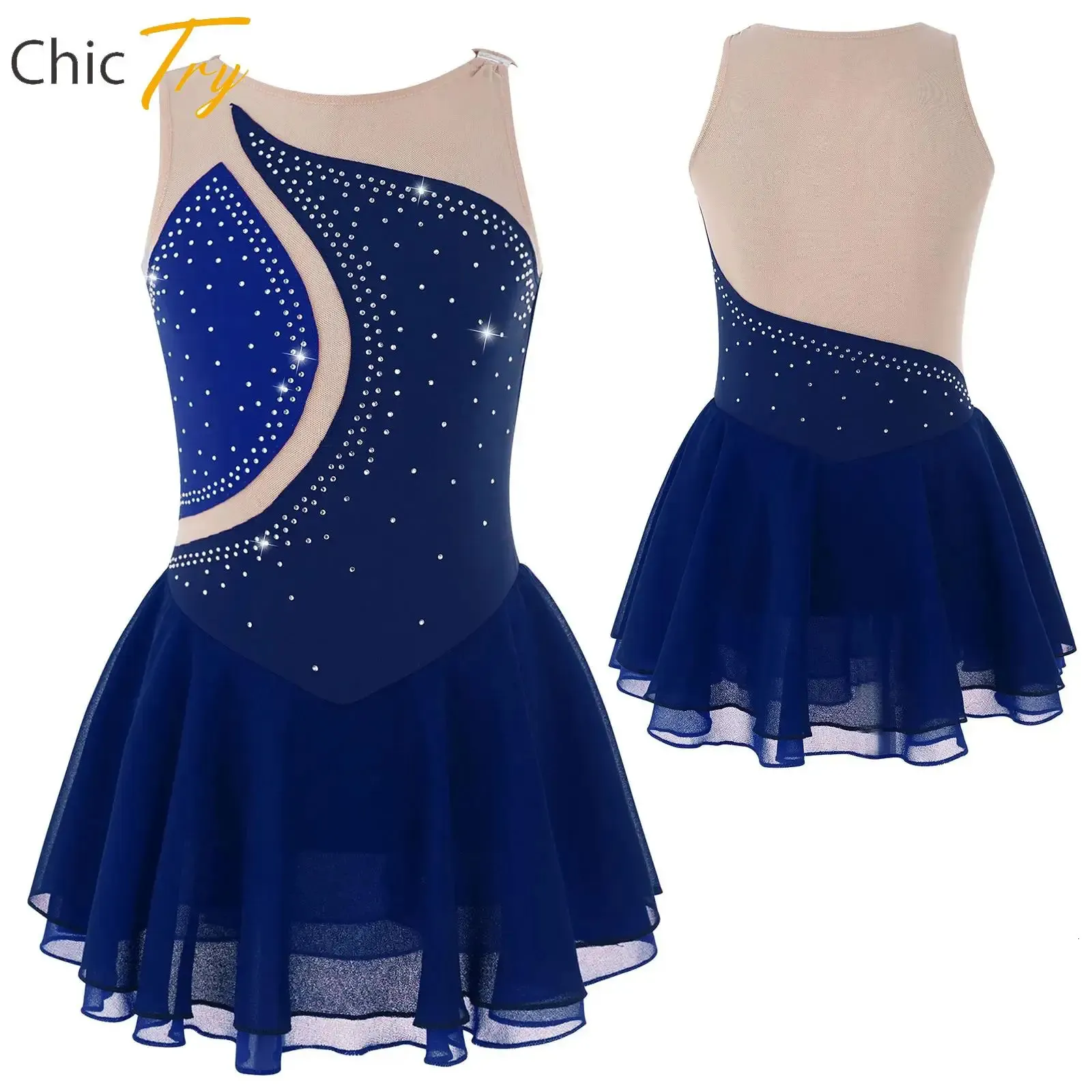 Figur Skating Dress for Kids Girls Performance Costumes Rhinestone Mesh Splice Ballet Dance Dresses Gymnastics Leotards 240412