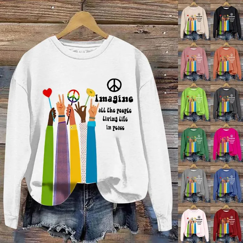 Women's Hoodies Fashion Round Neck Long Sleeved Retro Hippie All The People Living Life In Peace Printed Top Hoodie