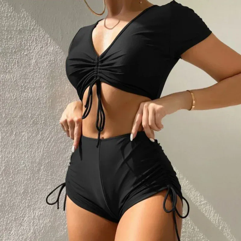 Set Black Trawstring Swimwear Bikinis Set Mujuer Crop Top Shorts Bottomsuit Femme Sexy Bathing Fssui