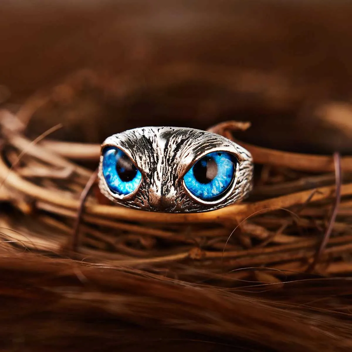 Bandringen Charm Vintage Blue Demon Eye Owl Ring For Women Lovers Punk Vintage Animal Open verstelbare ringverklaring Creatieve sieraden Geschenken Q240427