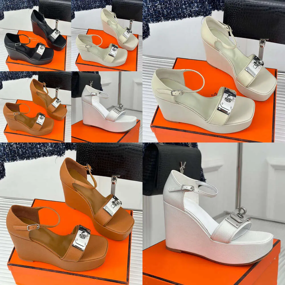 Tan-Go-Plattformpumpen Keil Sandalen Sier Knöpfe Mandel Mandel Open-Toe Heels Frauen Designer Kalb Haut Außensohle Prett