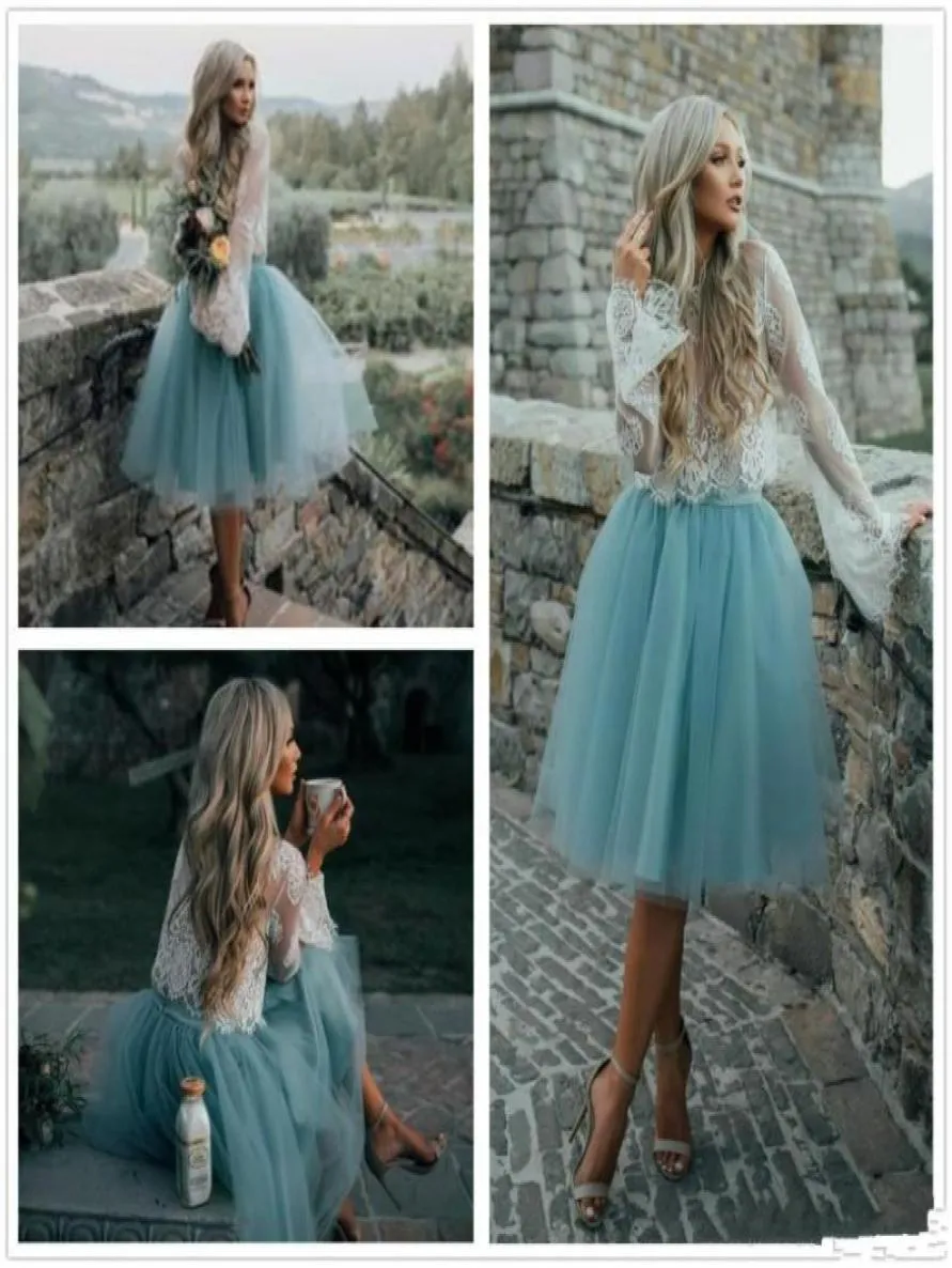 Boho Short Cocktail Party Dresses Vintage Lace Bodice A Line Tiers Tulle Seethrough Prom Gowns Tutu Skirt Knee Length Evening Dre5344043