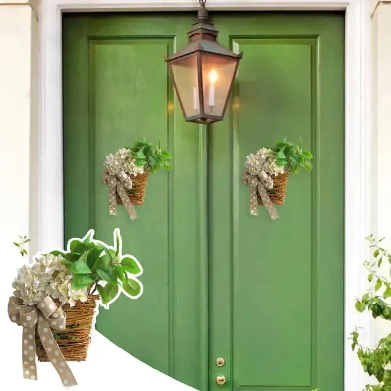 Decorative Flowers Front Door Basket Decoration Elegant Artificial Hydrangea Rattan Flower With Dotted Bowknot For Indoor Outdoor Summer