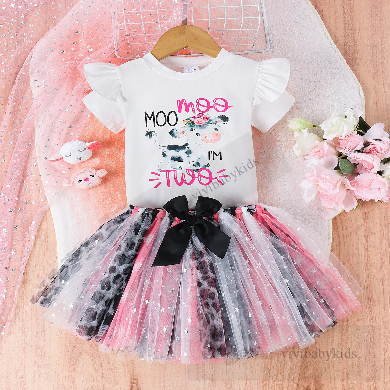 Infantas crianças roupas princesas conjuntos de garotas cartoon letra imprimida falbala fly shirt arcos de camiseta splicing splicing lace tule skirt 2pcs roupas de bebê z7930