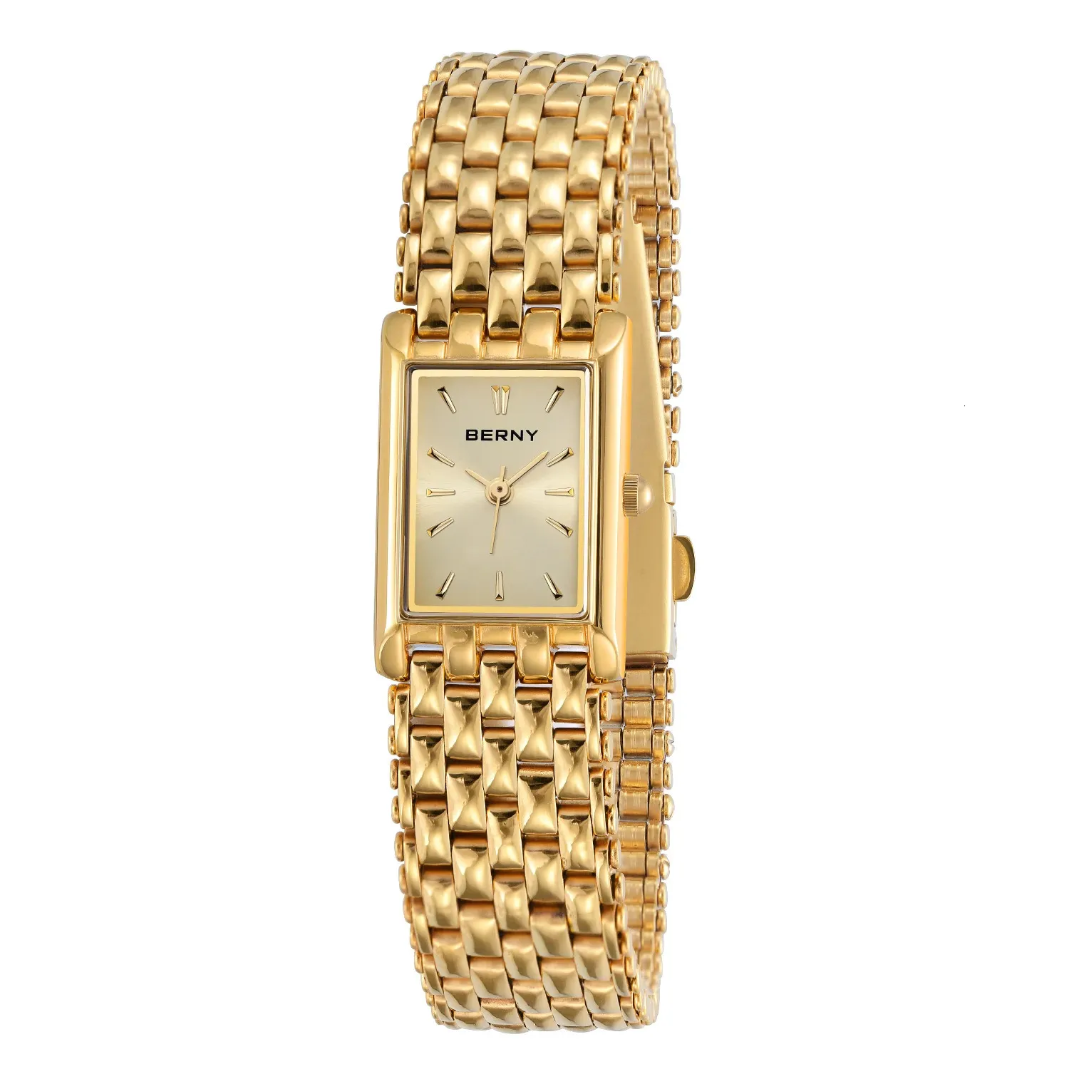 Berny Gold Watch voor dames plein dames kwarts polshorloges roestvrij staal kleine luxe casual mode 240425