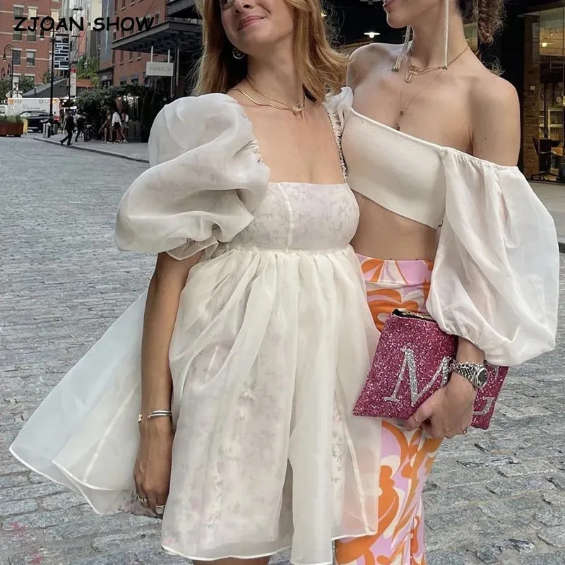 2 façons de porter en mousseline de mousseline à imprimé floral épissé Organza Robe robe bouffée Puff Retro Femmes Swing Robes courtes Vestidos Fairy 240420