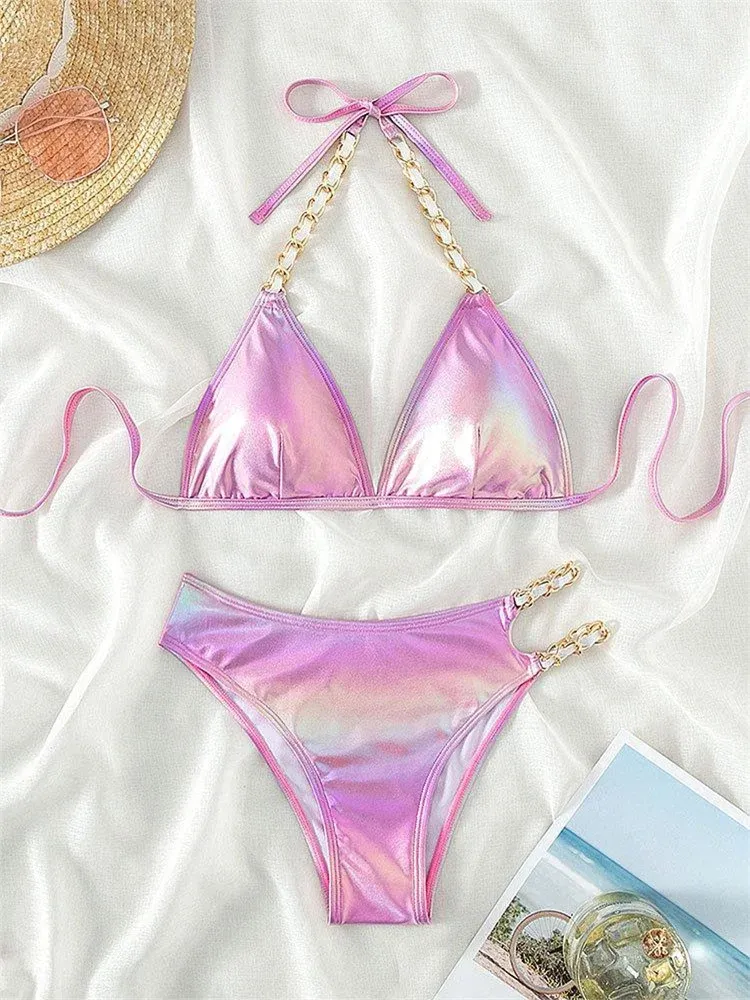 Set Push Up Bikini Micro Bikinis Set 2023 Pink Gradient Metal Strap Swimsuit Women Sexig Cut Out Bathing Suit High midje Badkläder