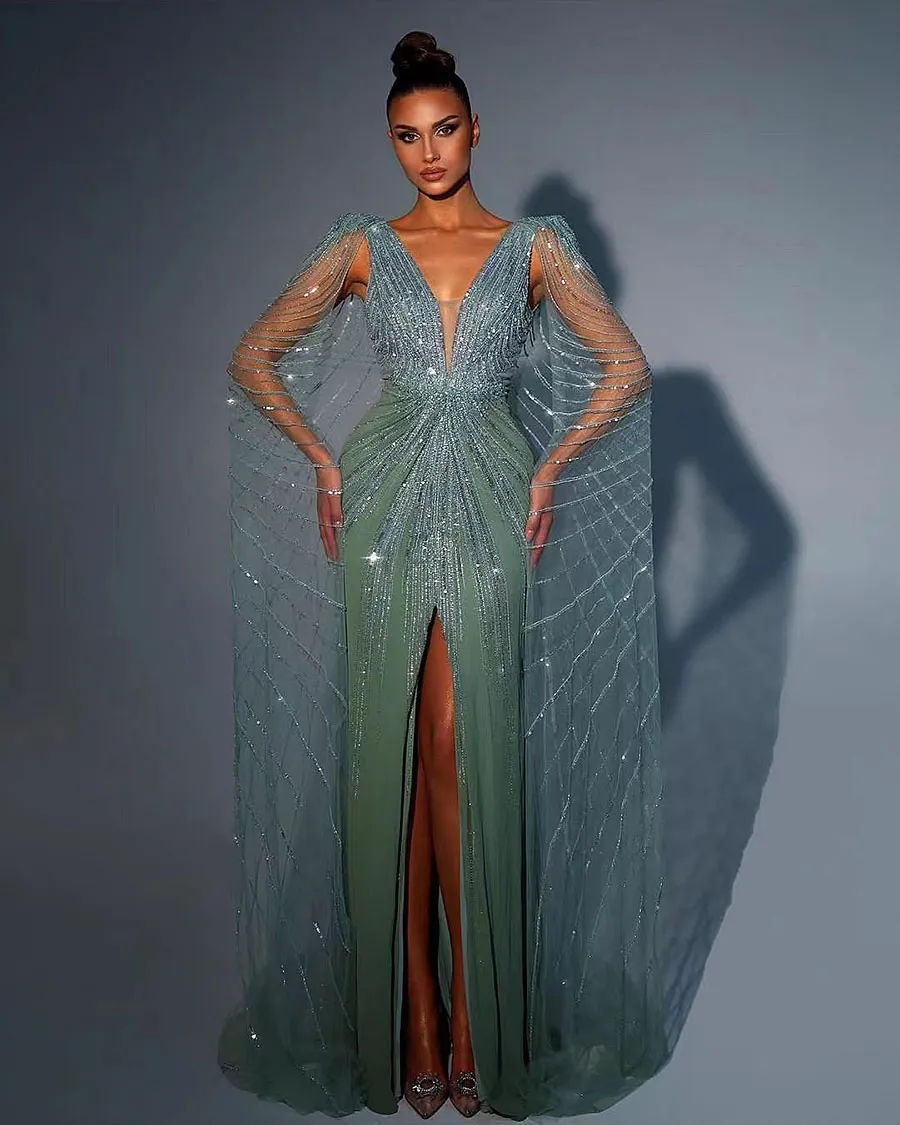 Dubai luksusowa suknia balowa kryształowe zielone sukienki wieczorowe z peleryną fuchsia złota eleganckie kobiety imprezowe sukienki