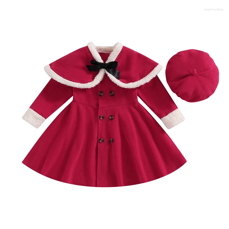 Robes de fille pudcoco kids filles tenue de Noël à manches longues Patchwork Bow Bouton Fermeure de fermeture avec chapeau 2 pièces 4-7T