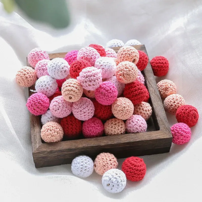 16mm 10pcs Wooden Crochet Beads Baby Teether Chewable Knitting Bead DIY Teething Bracelet Pacifier Chain Montessori Gym Toy 240420