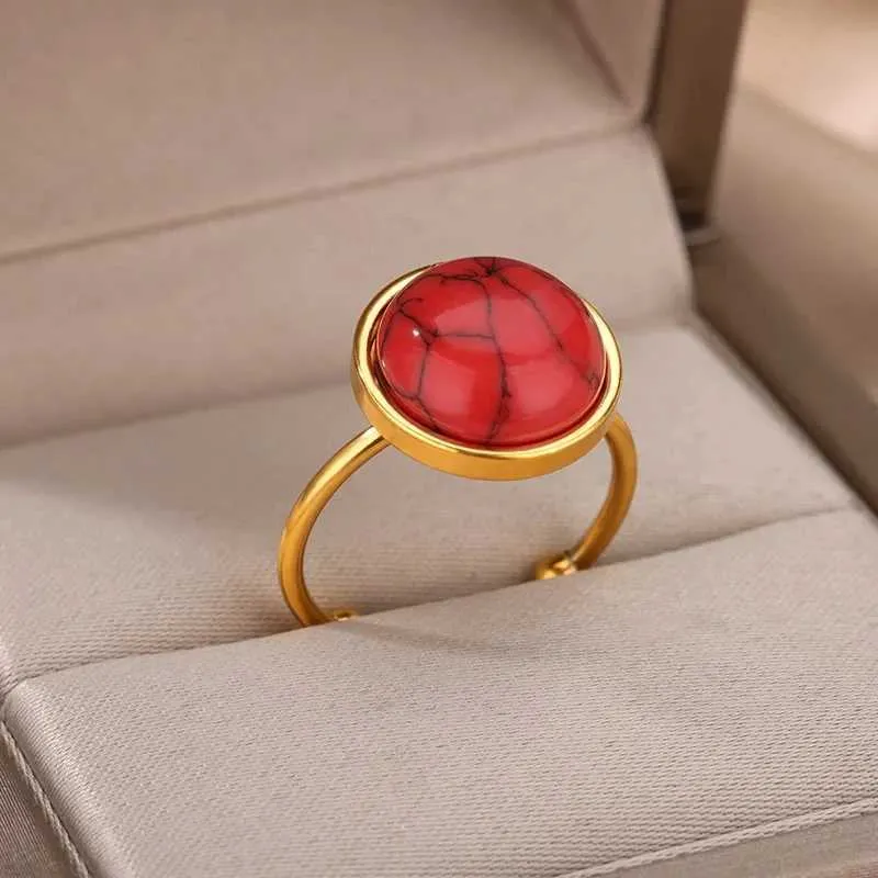 Bröllopsringar runt natursten rostfritt stål ringar för kvinnor opal engagemang bröllop ring justerbar boho vintage smycken nyår gåva
