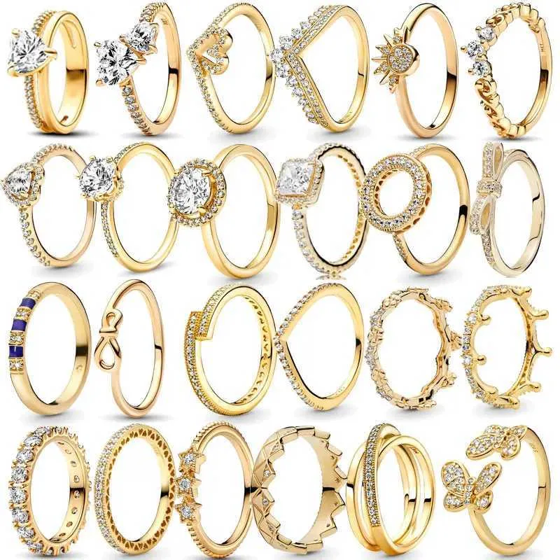 Bandringe 2024 neuer 18K Gold plattiert 925 Silberring mit Zirkon glitzern doppelt band herzförmigen Ring Damen Original Pandor Ring Exquisit Schmuck Q240427