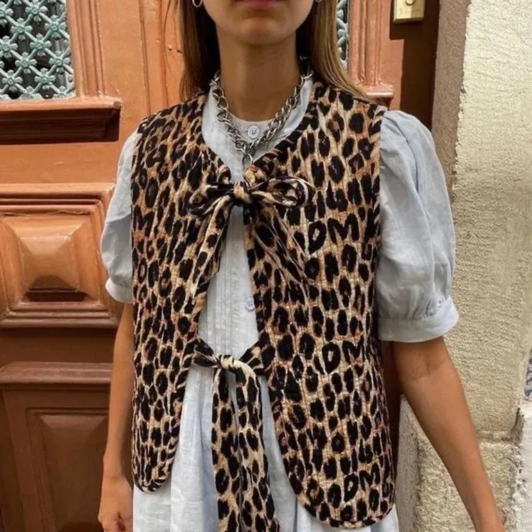 Vêtes pour femmes 2024 Leopard Imprime-arc à lacets à lacets Vers les femmes sans manches en V