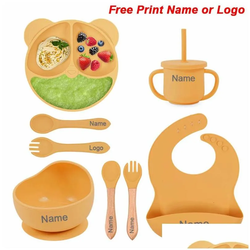 Cups, Dishes & Utensils Cups Feeding Set Sile For Baby Sucker Bowl Plate Kids Bear Tableware Childrens Cup With St 8Pcs Drop Delivery Dhweo