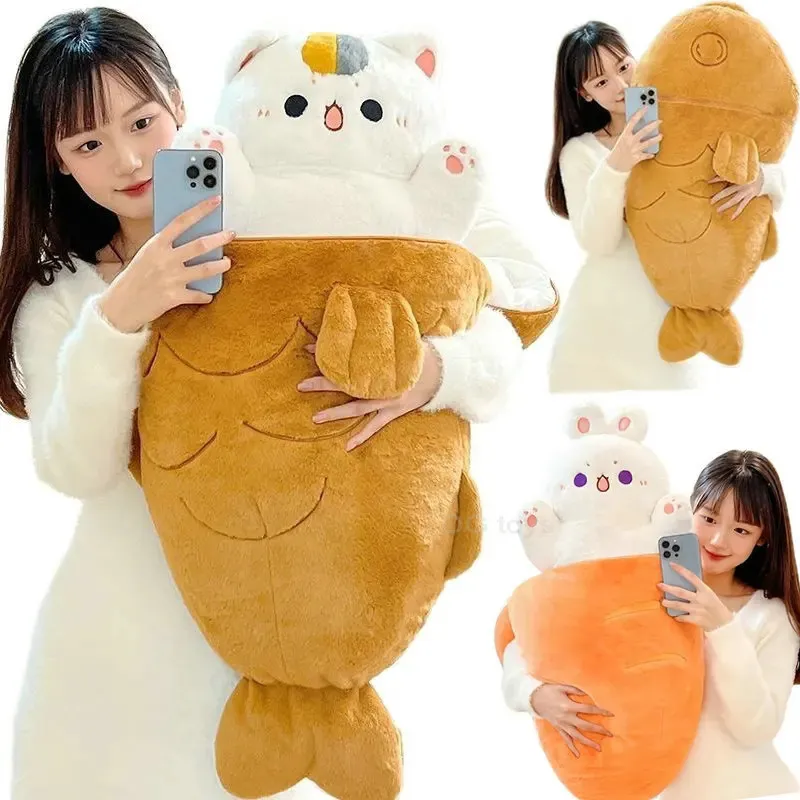 80x45cm Kawaii Taiyaki Cat Plush Toy Rabbit nascosto in Carota Cane nascosto in Big Bone Ferry Animal Plushing Custine di lancio di peluche a Girl 240424