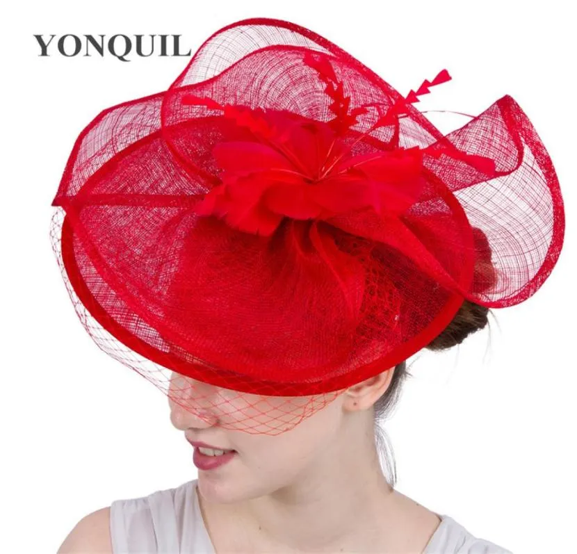 Ny stil rött bröllopshuvud Sinamay Kentucky Derby Royal Ascot Fascinator Hats mode hårtillbehör parti pannband SYF1113148123