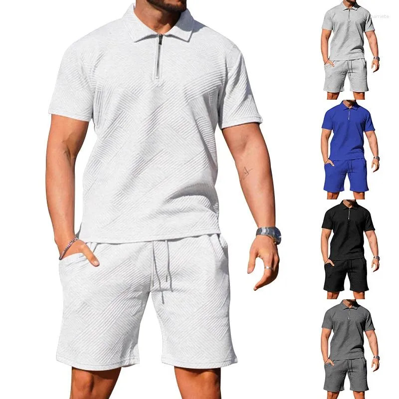 Herrspårar sommaren högkvalitativ kostymstruktur Jacquard Craft Casual Sports Slim Polo Shirt Shorts Tvådelar kläder