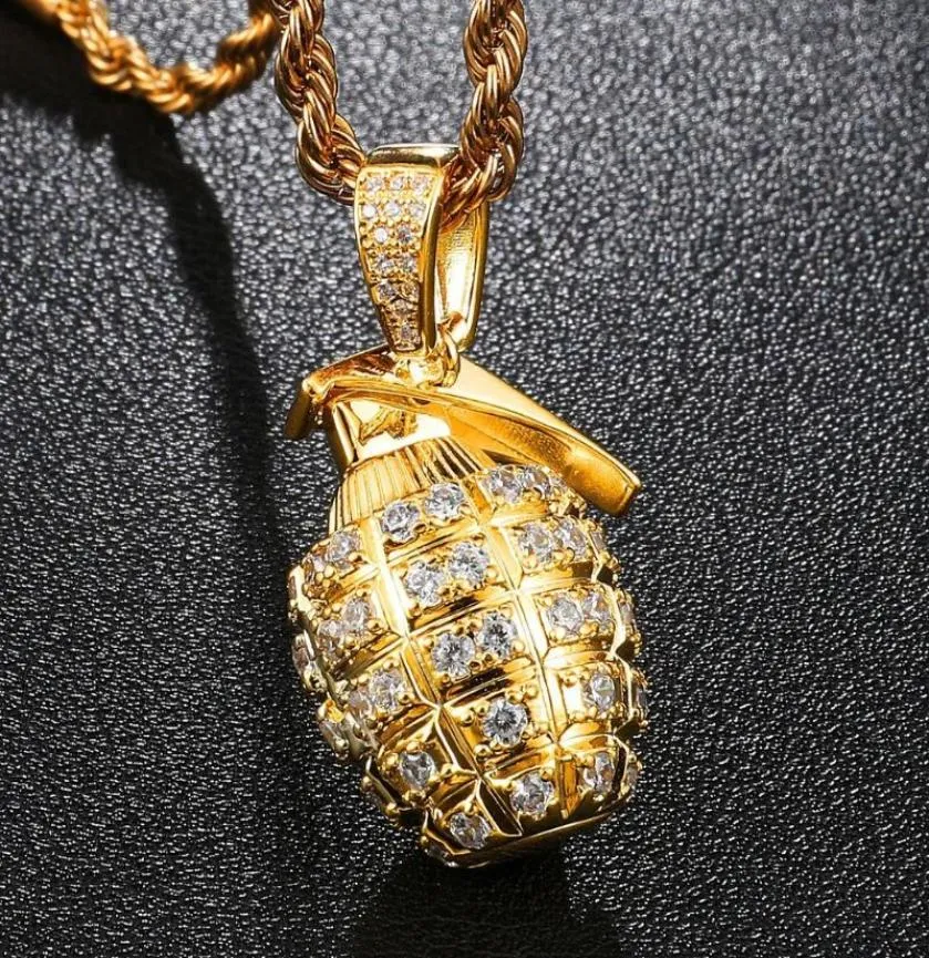 Out Cubic Zircon Grenade Pendant Necklace Men with Rope Chain Hip Hop Gold Color Charm Gift Chain Jewelry for Men Women6488534