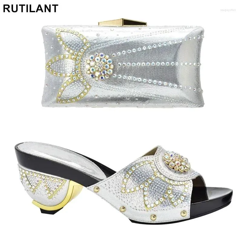 Dress Shoes Italian Women And Bag Sets Arrival Gold Color Sales In Matching Decorated With Rhinestone