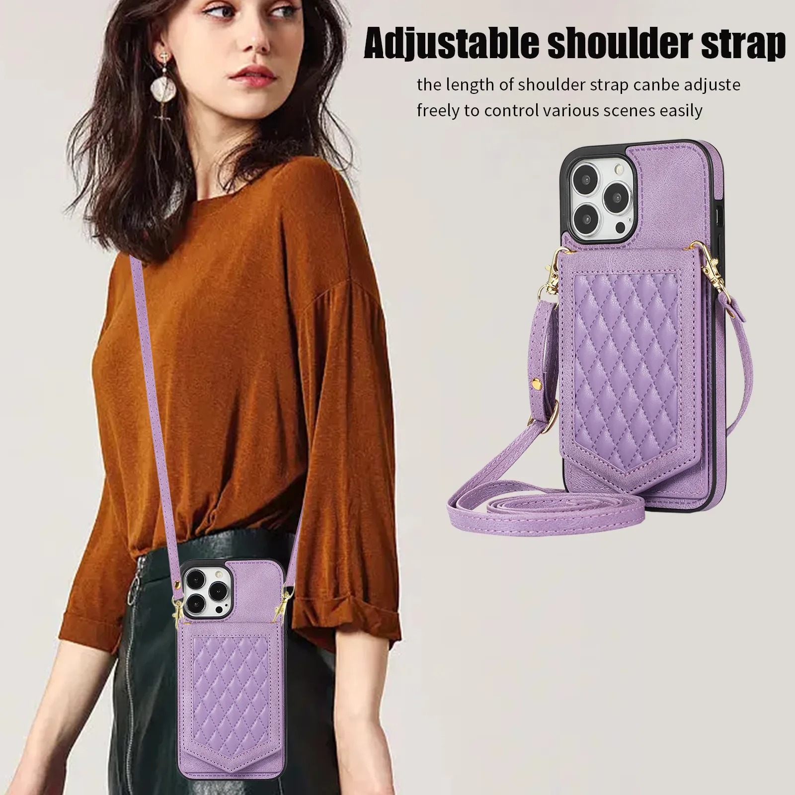 紫色の電話ケースキックスタンドカードホルダーミラー付きiPhoneケースアンチ盗難アンチ盗難ハンギングロープ精度デザインiPhone 15に適した贅沢