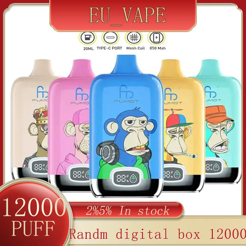 Boîte numérique Randm Fumot d'origine 12000 12K Puffes 850mAh Type-C Charge 20 ml POD PRÉFULTÉ avec affichage de batterie 0% 2% 5% Cigarettes E jetables VACPER 12000