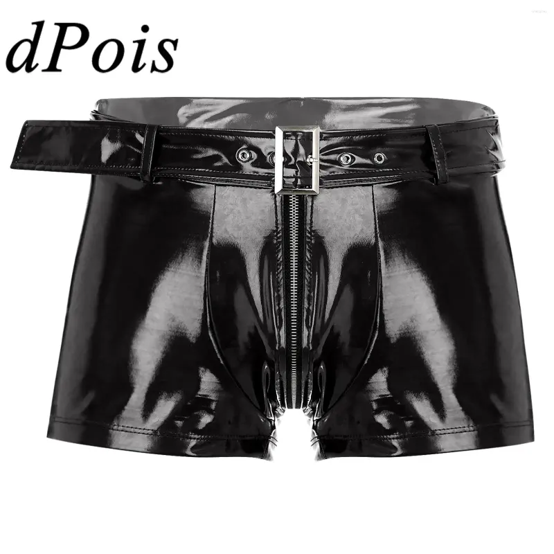 Heren shorts Heren natte look bokser broek zipper openbaar cortch bulge zakje voor bar disco kostuum nachtclub sexy nachtkleding