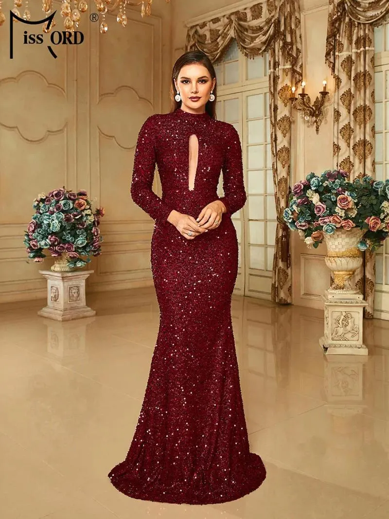 Sukienki swobodne Missord Wine Syrenca Wieczór Kobiety 2024 Elegancki długie rękawie golar wycinany Bodycon Wedding Party Sukienka balowa suknia