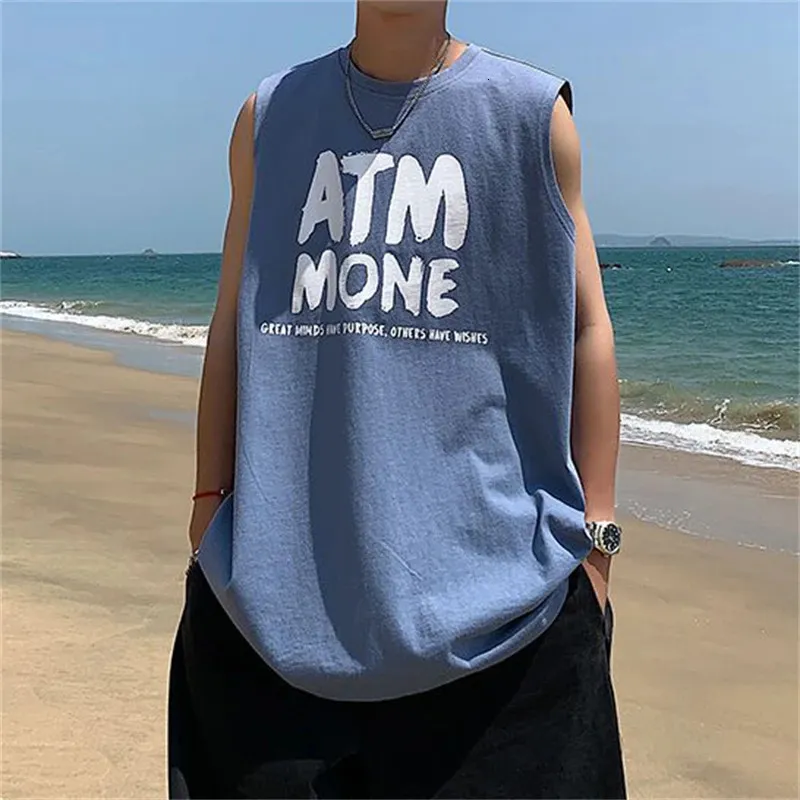Summer Men Beach Tank Top Top Stampa camicia senza maniche Cotton Hundershirt Korea Fashion Stupt Fash Holiday Grey Grey 240423