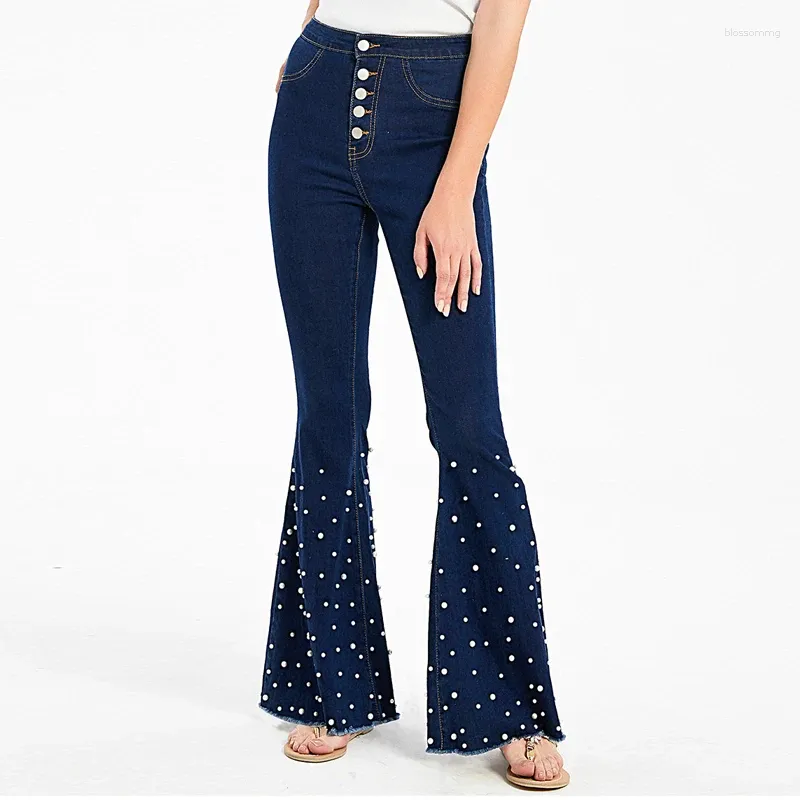 Damesjeans Hoge taille Stretch Pearl Women Flare Pants Wide Been Boot Cut Denim broek Kralen diamanten bell bodem palazzo bootcut