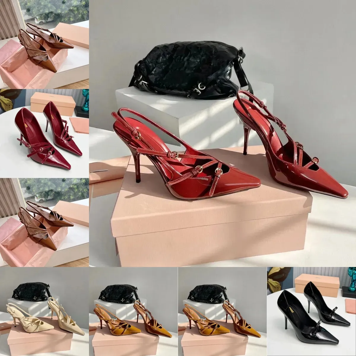 2024高級デザイナーシューズMiui Burgundy Pumps Heels Patent Leather Slingback with Buckles Ankle Strap Kitten Heels Sandal Stileetto Heelイブニングドレス靴5cm 9cm