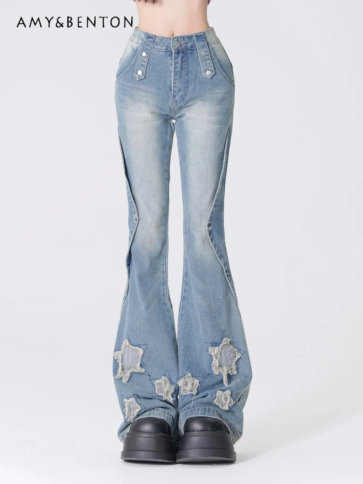 Девушка y2k вышитые синие брюки Женщины Весна Лето в стиле Sweet Allmatch Slim Street High -талию джинсы 240423