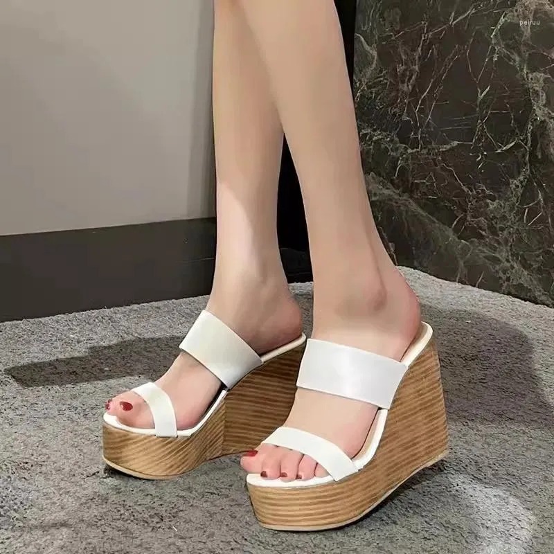 Slippers 2024 Summer Wedge Shoes Thick Bottom Wood Grain High Heel Muffin Waterproof Platform Slipper For Women