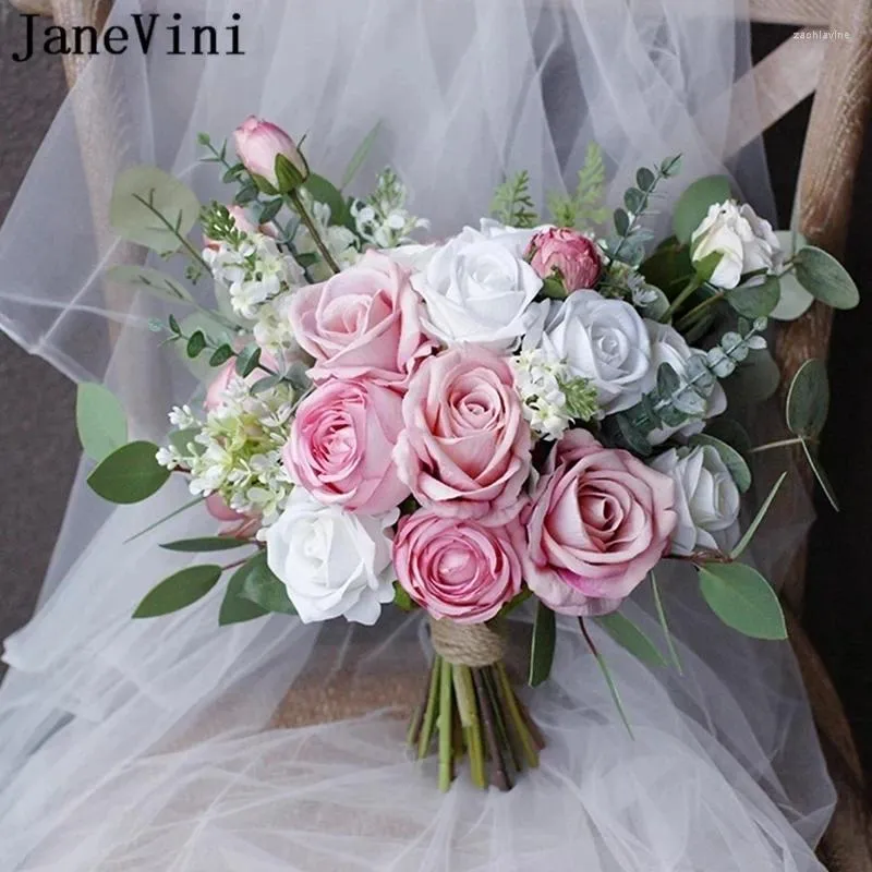 Fiori del matrimonio Janevini romantico rosa mazzi da sposa bianchi da sposa rose di seta artificiale Real Touch Bohémien Bride Holding Bouquet per