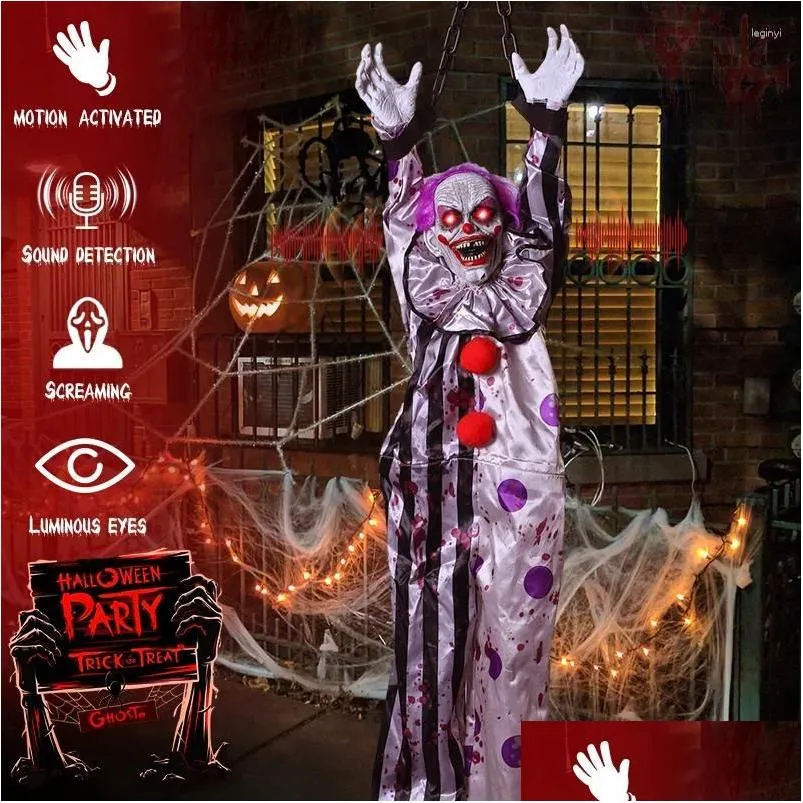 Party Decoration Halloween Animatronic suspendu animé Talking effrayant Clown avec chaîne Red Eyes Sound Touch Activé Electric Horro Dhtci