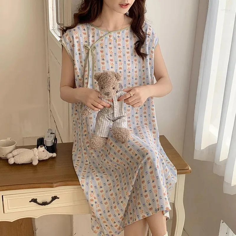 Women's Sleepwear INS Loose Sleeveless Ladies Sleep Shirts Cotton Rayon Summer Dress Vintage Printed Thin Night Women Nightgowns