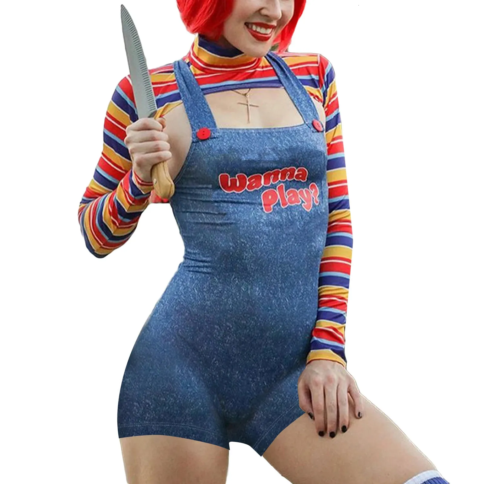 Les femmes jouent le personnage de film BodySuit Chucky Doll Costume Set Costumes Halloween pour femmes Scary Nightmare Killer Doll 240426