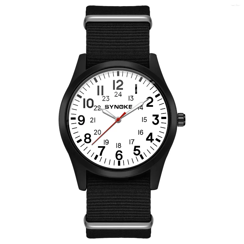 Polshorloges Synoke heren witte wijzerplaat nylon riem kwarts pols horloge legering case