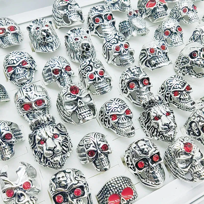 10/20pcs/lotto all'ingrosso Punk Red Enamel Skull Great Finger Rings for Men Rhinestone Skeleton Hollow King Animal Jewelry Party Maschio 240414