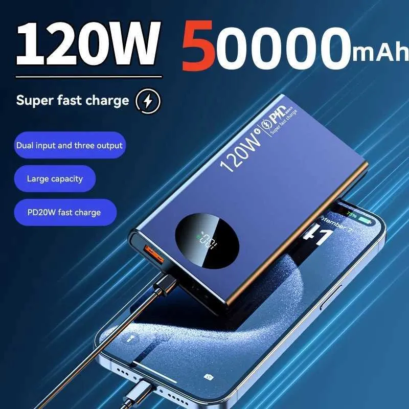 Banques d'alimentation du téléphone portable 120W 50000mAh Pack d'alimentation à grande capacité Pack de charge rapide Pack de batterie portable Chargeur de batterie adapté à l'iPhone Samsung Huawei Xiaomi J240428