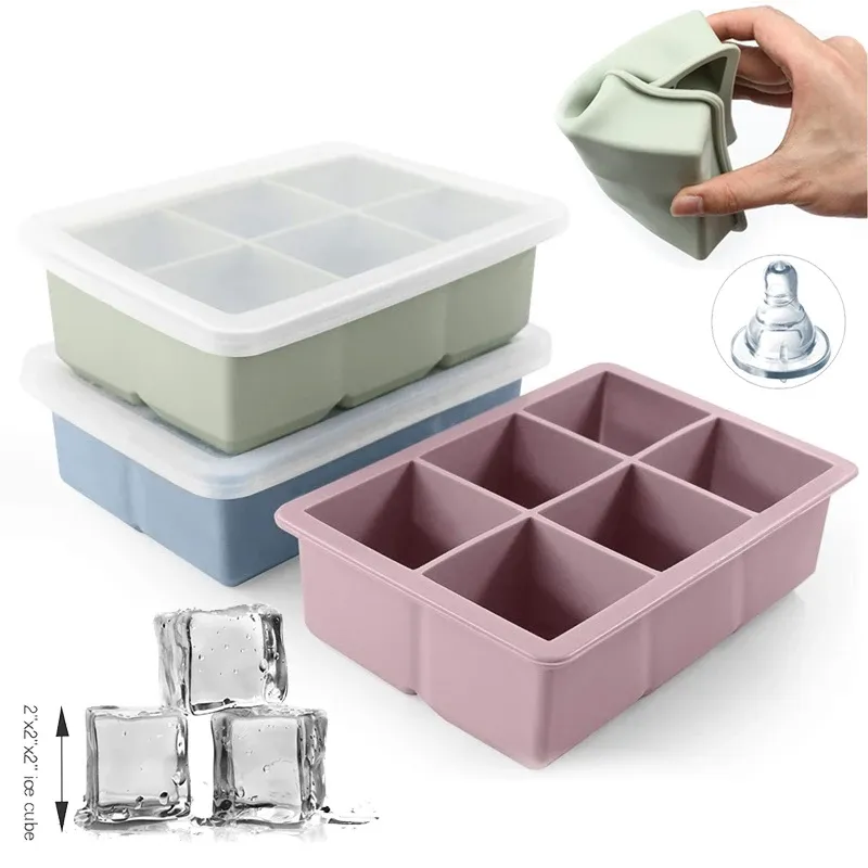 Outils Moule de glace Moule de silicone Square Forme de 2 pouces de grande taille Cube Cube Bpa BPA Free Empilable Flexible Safe Big Ice Cube Cube Moule Cuisine