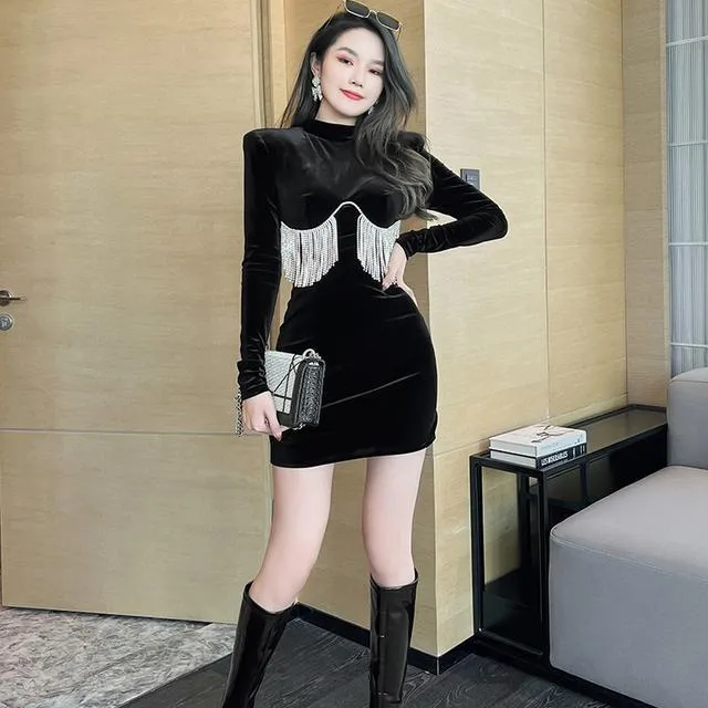 Ny Spring Autumn Fashion Women's Turtleneck långärmad tunika bodycon Velvet tyg Rhinestone Tassel Patchwork Short Sexy Dress SMLXL