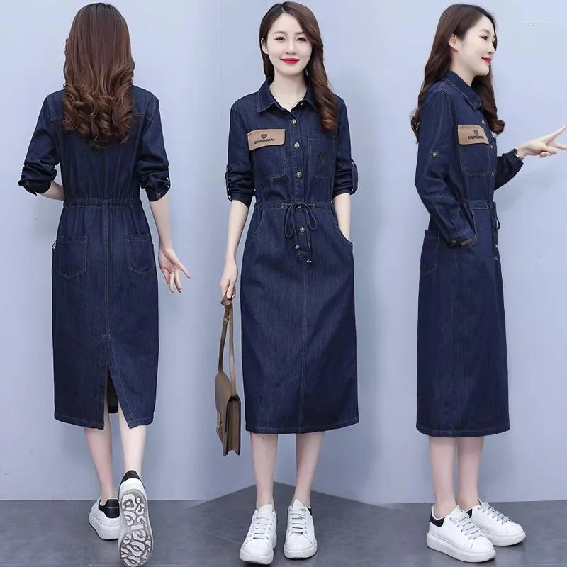 Casual Dresses 2024 Spring Loose Slimming Mid-Length Women's Clothing Western Style Embroidered Drawstring Long Sleeve Denim Dress