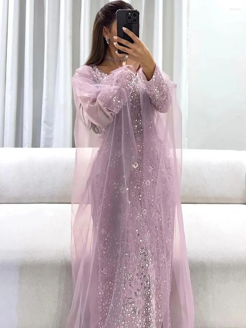 Feestjurken Lilac Sparkly Lades Beading Dubai Sheath Prom Long Sleeve 3D Flowers Tiered Formal Tjurns