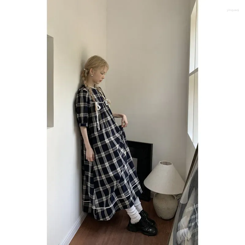 Casual Dresses Women Solid Japanese Retro Contrast Plaid Girl Age-reducing Dress Ins Loose Doll Skirt Long Female Clothing